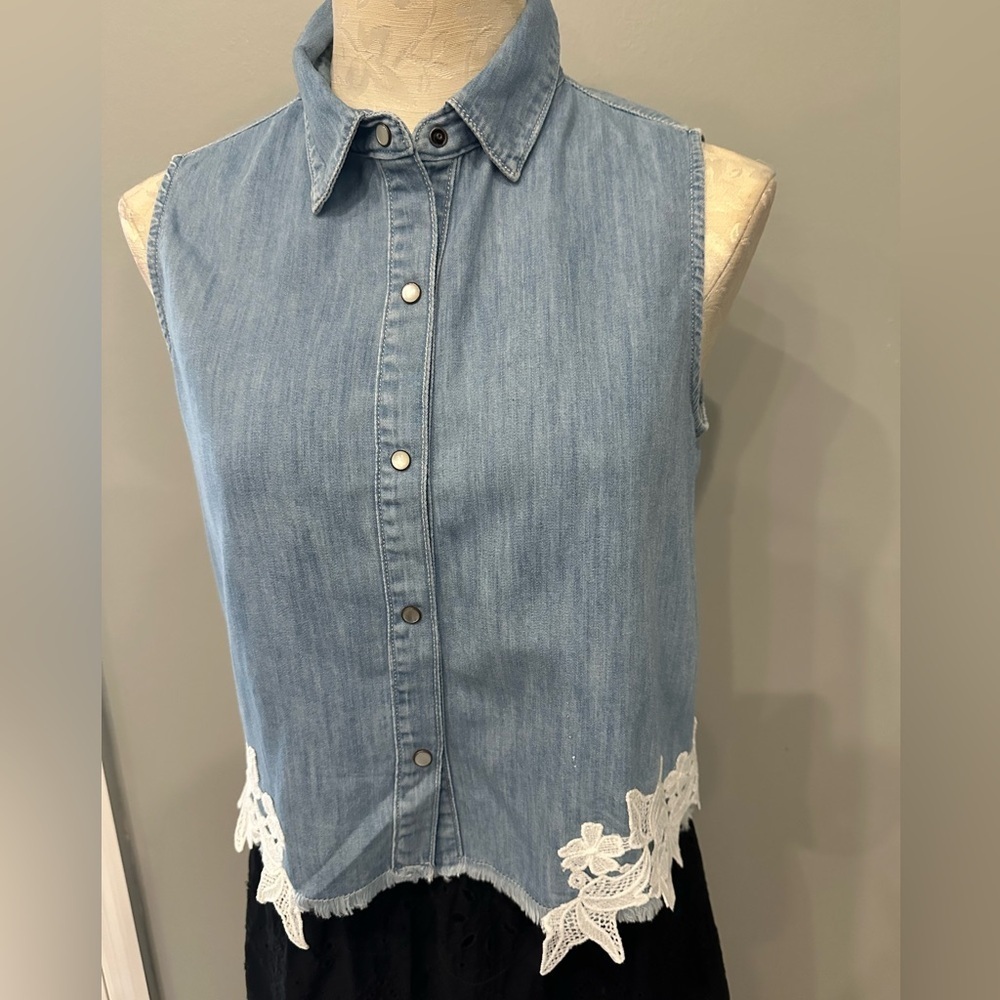 Mavi Jeans Blouse Blue Sleeveless Embroidered Denim Shirt Top Size S